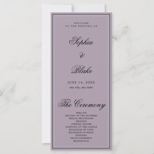 Elegant Minimalist Grey Purple Wedding Program (Front)