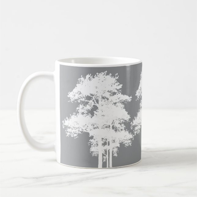 Elegant minimalist grey white tree silhouettes   coffee mug (Left)