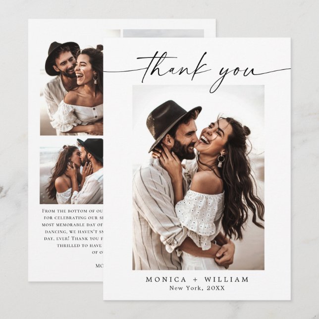 Elegant Minimalist Handwriting Wedding 5 Photo Thank You Card (Front/Back)