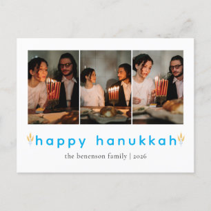 Elegant Minimalist Happy Hanukkah Family 3 Photo Holiday Postcard