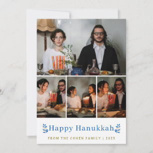 Elegant Minimalist Happy Hanukkah Family 4 Photo Holiday Card