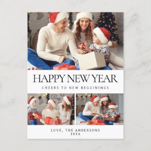 Elegant Minimalist Happy New Year Family 3 Photo Holiday Postcard