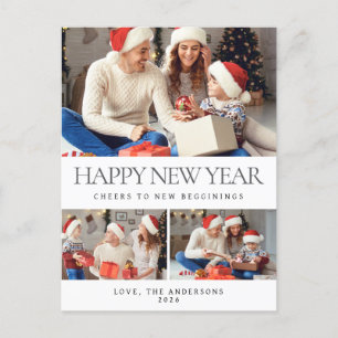 Elegant Minimalist Happy New Year Family 3 Photo Holiday Postcard