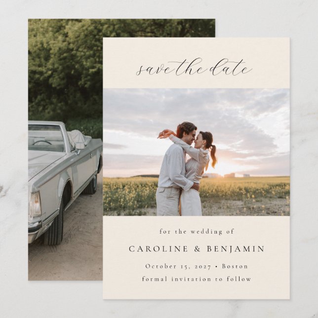 Elegant Minimalist Ivory Script Wedding Two Photo Save The Date (Front/Back)