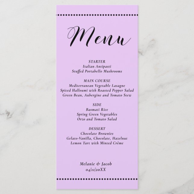 Elegant Minimalist Lavender Wedding Flat Menu Card (Front)