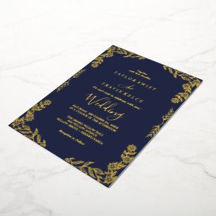 Elegant Minimalist Leaf Gold Foil Navy Blue Frame