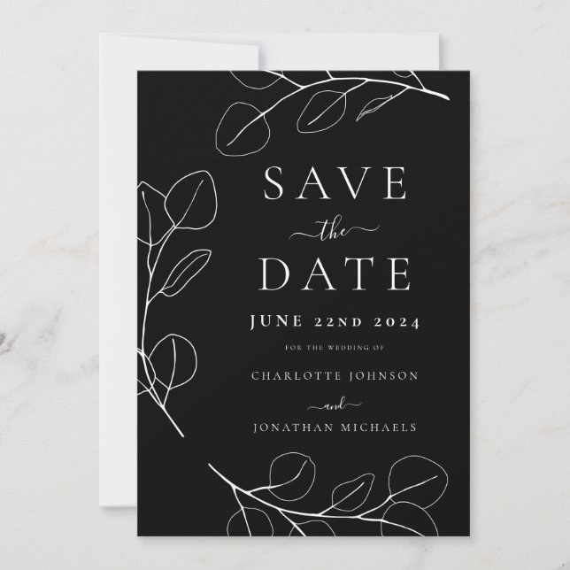 Elegant Minimalist Leaves Black Wedding Save The Date (Front)