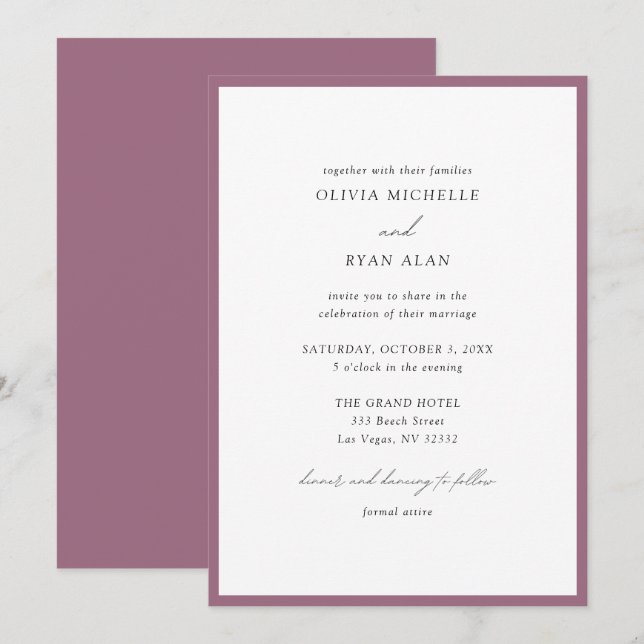 Elegant Minimalist Lilac Purple Wedding Invitation (Front/Back)