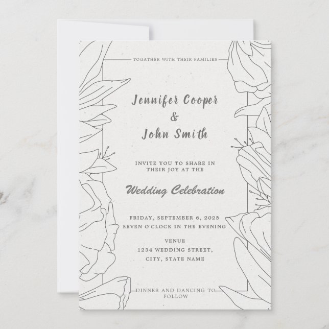 Elegant Minimalist Line Art Floral Wedding Invitation (Front)