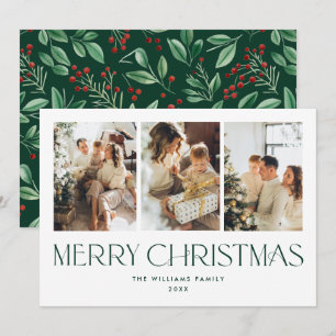 Elegant Minimalist Merry Christmas 3 Photo Holiday Card