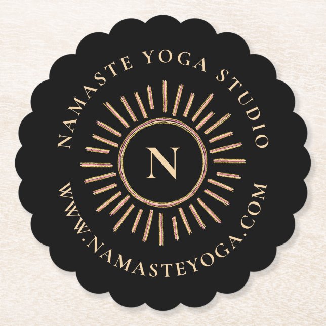 Elegant Minimalist Monogram Black Yellow Gold Paper Coaster (Front)