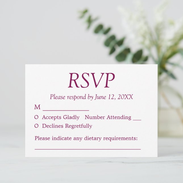 Elegant Minimalist Mulberry Wedding RSVP Card (Standing Front)