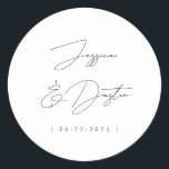 Elegant Minimalist Names Date Script Black Classic Round Sticker<br><div class="desc">Personalized and simply stylish stickers with names and date in elegant fonts.</div>