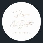 Elegant Minimalist Names Date Script Gold Classic Round Sticker<br><div class="desc">Personalized and simply stylish stickers with names and date in elegant fonts.</div>