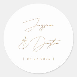 Elegant Minimalist Names Date Script Gold Classic Round Sticker