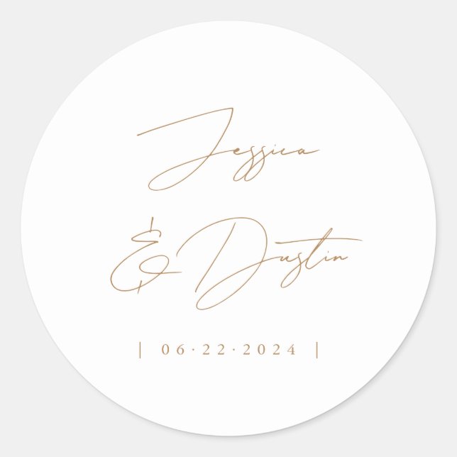 Elegant Minimalist Names Date Script Gold Classic Round Sticker (Front)