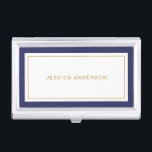 Elegant Minimalist Navy Blue And Gold Name  Business Card Holder<br><div class="desc">This business card case features minimalist and elegant design with thick navy blue and thin gold borders. Personalize it with your name or business name.</div>