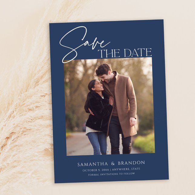 Elegant Minimalist Navy Blue Photo Save The Date (Creator Uploaded)