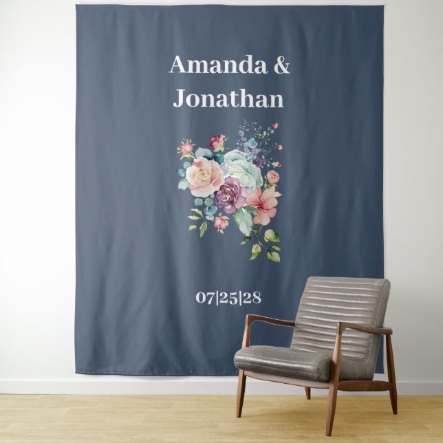 Elegant Minimalist Navy Blue Wedding Backdrop Tapestry (In Situ)