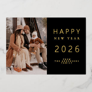 Elegant Minimalist New Year Cheers Family 1 Photo Foil Holiday Card