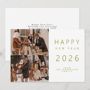 Elegant Minimalist New Year Cheers Family 3 Photo Holiday Card