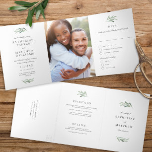 Elegant Minimalist Olive Watercolor Photo Wedding Tri-Fold Invitation