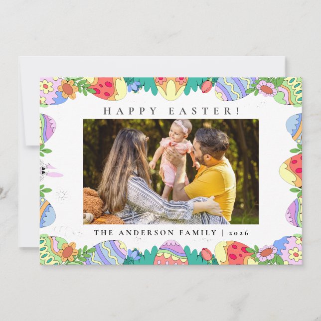 Elegant Minimalist Pattern Happy Easter 1 Photo Holiday Card (Front)
