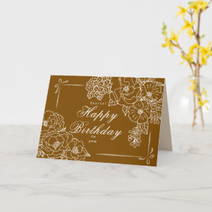 Elegant Minimalist Peonies Happy Birthday Brown Card