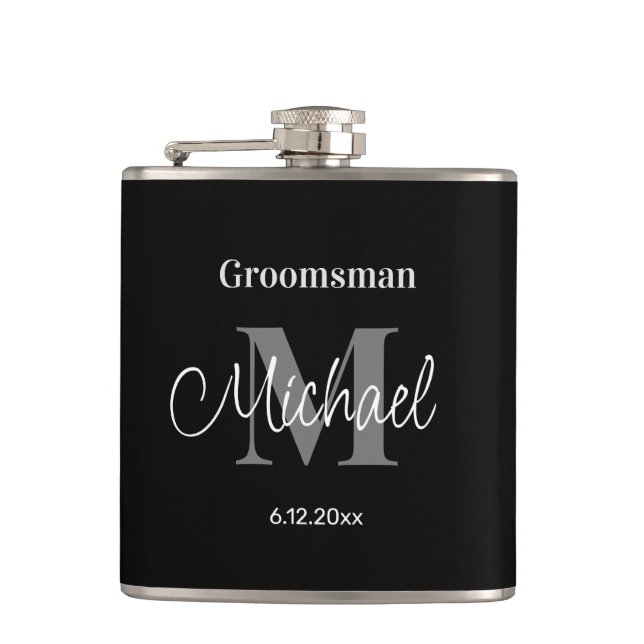 elegant minimalist personalized groomsman black hip flask (Front)