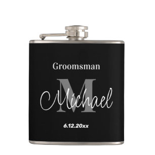 elegant minimalist personalized groomsman black hip flask