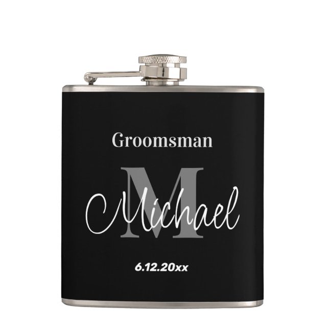 elegant minimalist personalized groomsman black hip flask (Front)