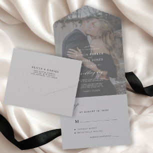 Elegant minimalist photo grey wedding all in one invitation
