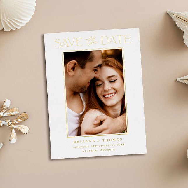 Elegant Minimalist Photo Save the Date Gold  Foil Invitation Postcard (Creator Uploaded)