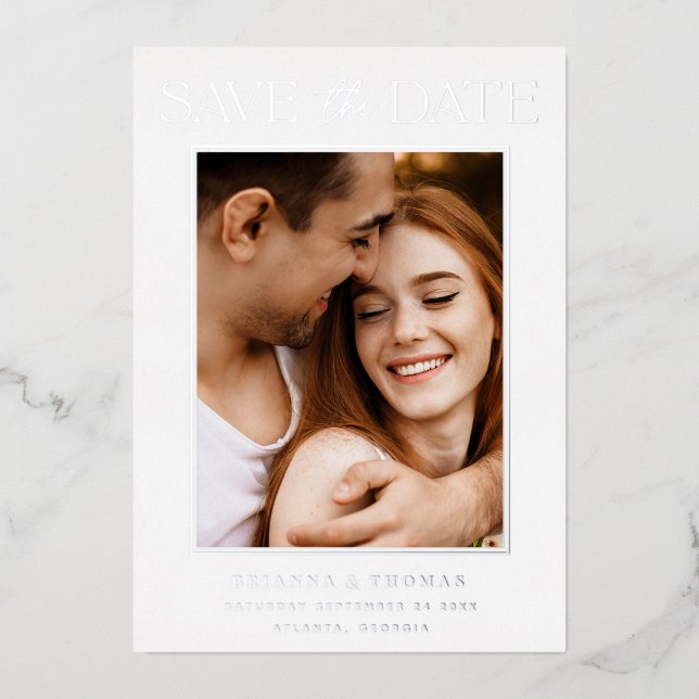 Elegant Minimalist Photo Silver Save the Date (Front)