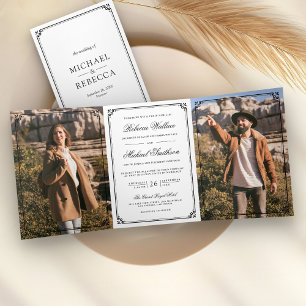 Elegant Minimalist Photo White QR Code Wedding Tri-Fold Invitation