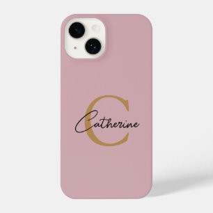 Elegant Minimalist Pink and Gold Script Monogram iPhone 14 Case