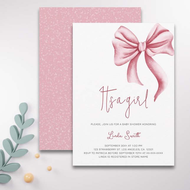 Elegant Minimalist Pink Bow Girl Baby Shower Invitation (Creator Uploaded)