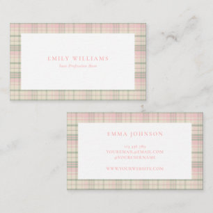 Elegant Minimalist Pink Green Plaid Business Card
