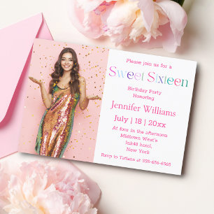 elegant minimalist pink sweet 16 birthday photo invitation