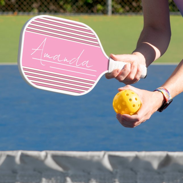 Elegant Minimalist Pink White Stripes Script Name Pickleball Paddle (Insitu)