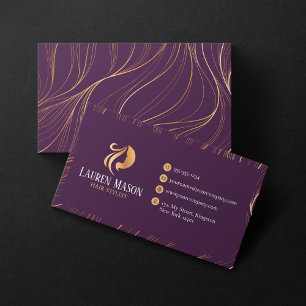 Elegant Minimalist Purple Gold HairStylist Salon Business Card