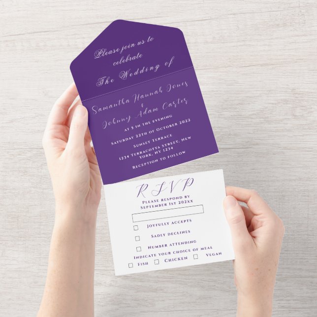 Elegant Minimalist Purple Script Wedding All In One Invitation (Tearaway)
