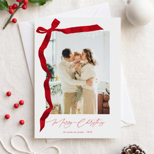 Elegant Minimalist Red Bow Photo Christmas Holiday Card