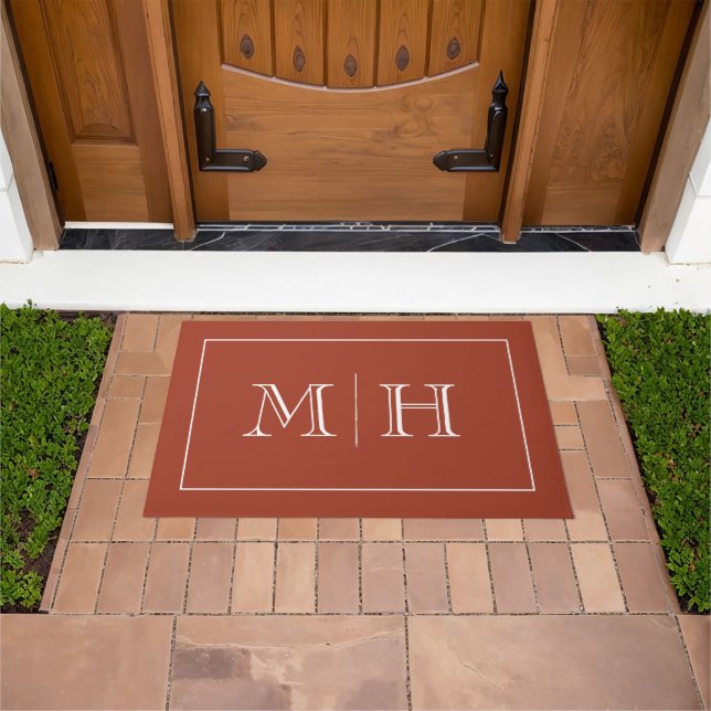 Elegant Minimalist Red Rust White Monogram Doormat (Outdoor)