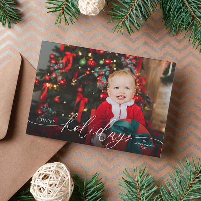 Elegant Minimalist Red Script Photo Holiday Card (Creator Uploaded)