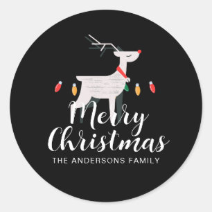 Elegant Minimalist Reindeer Christmas Family Name Classic Round Sticker