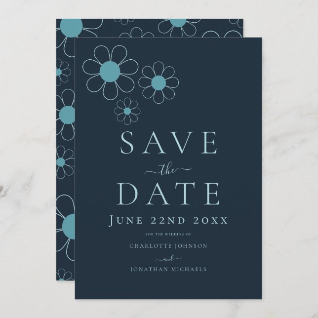 Elegant Minimalist Retro Daisy Blue Wedding Save The Date (Front/Back)