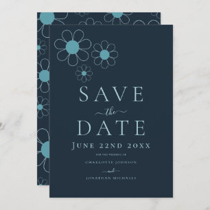 Elegant Minimalist Retro Daisy Blue Wedding Save The Date