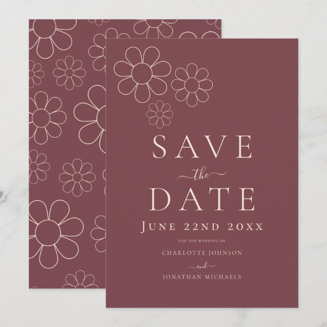 Elegant Minimalist Retro Daisy Burgundy Wedding Save The Date (Front/Back)