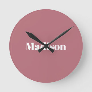Elegant Minimalist Rose Gold White Name Round Clock
